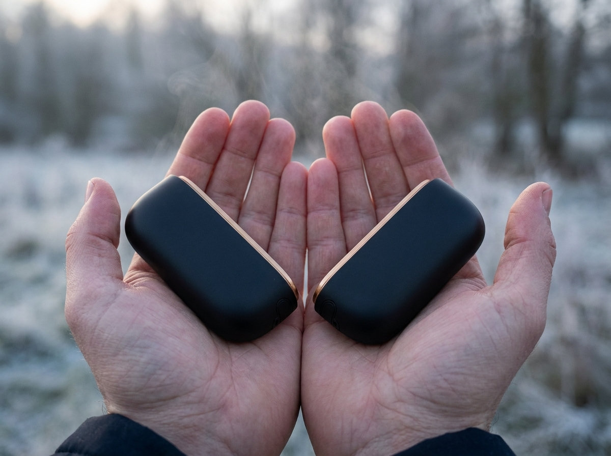 Two warmer halves held in cupped hands outdoors in frost